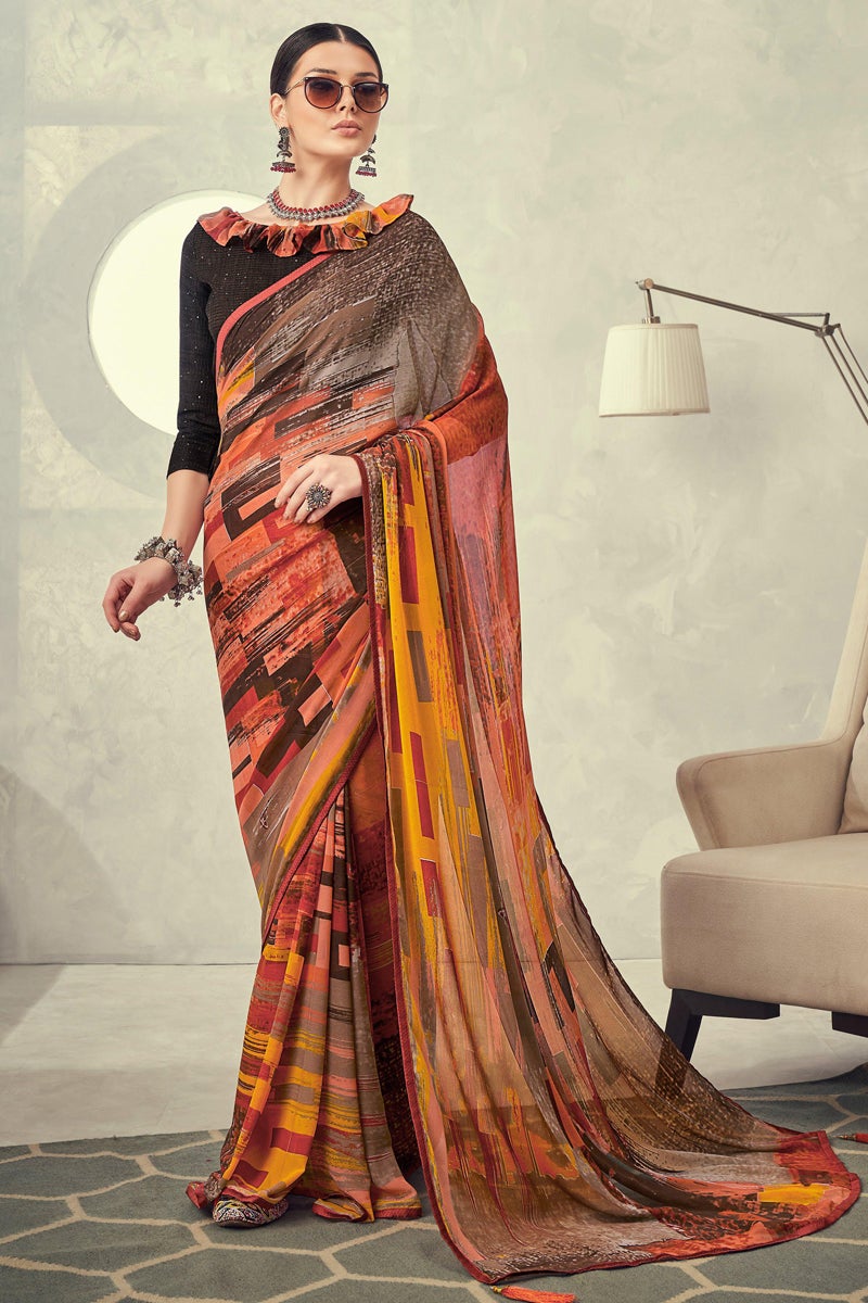 Regular Wear Multi Color Printed Saree In Georgette Fabric
