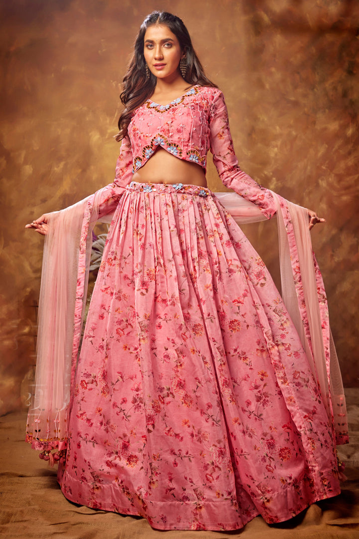 Organza Fabric Reception Wear Designer Lehenga Choli In Pink Color