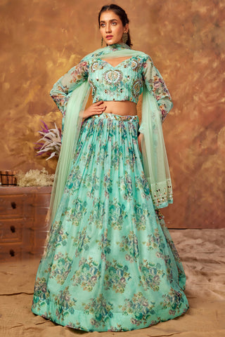 Sangeet Wear Lehenga Choli In Sea Green Color Organza Fabric