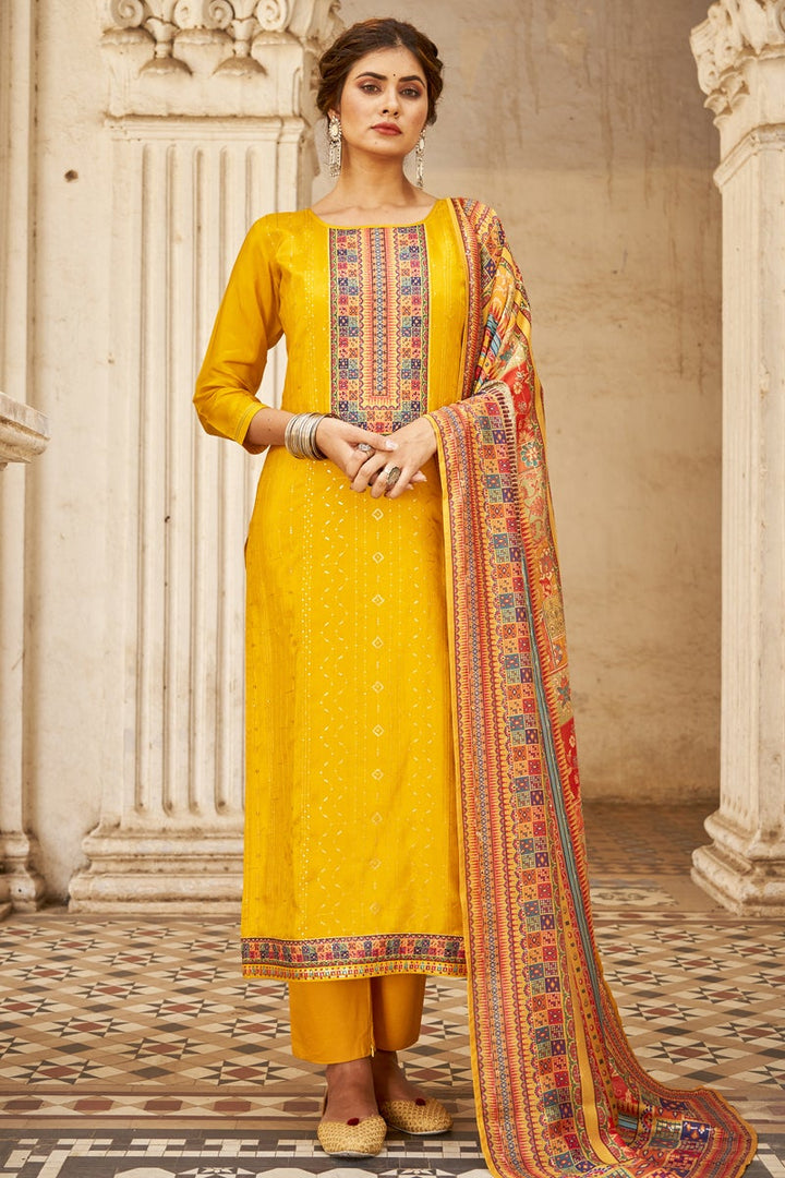 Embroidered Mustard Color Function Wear Art Silk Fabric Salwar Suit
