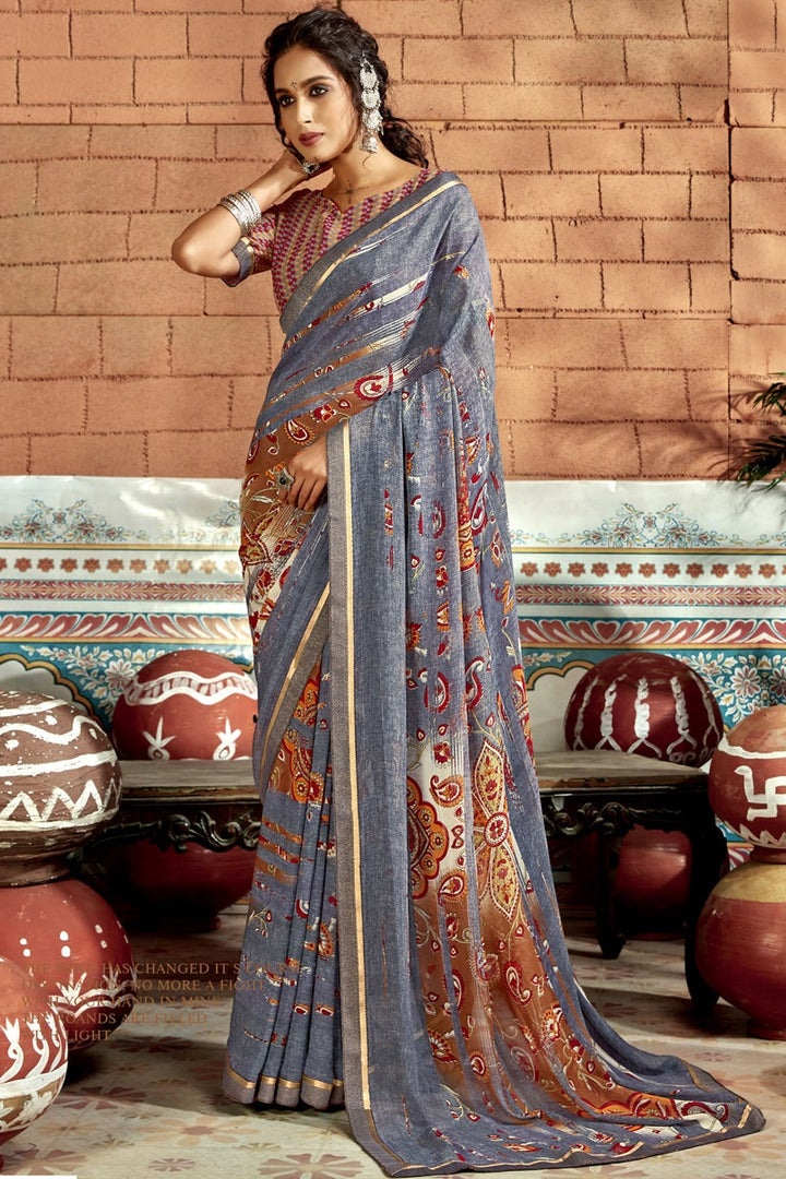 Georgette Fabric Casual Grey Color Abstract Printed Saree