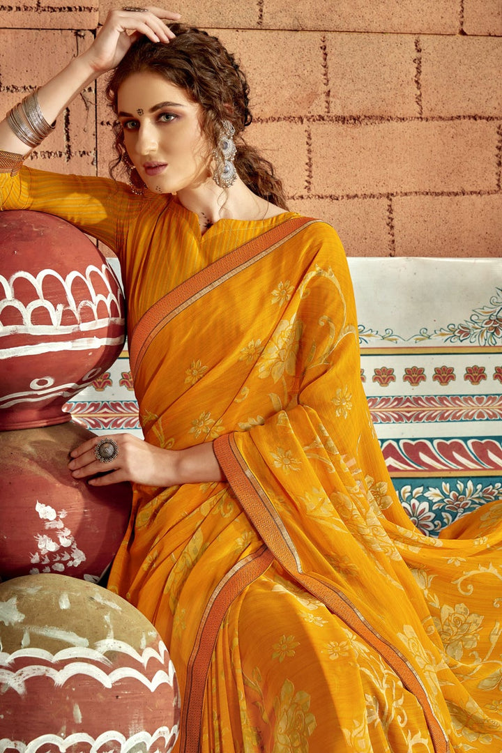 Georgette Fabric Regular Wear Mustard Color Abstract Printed Saree