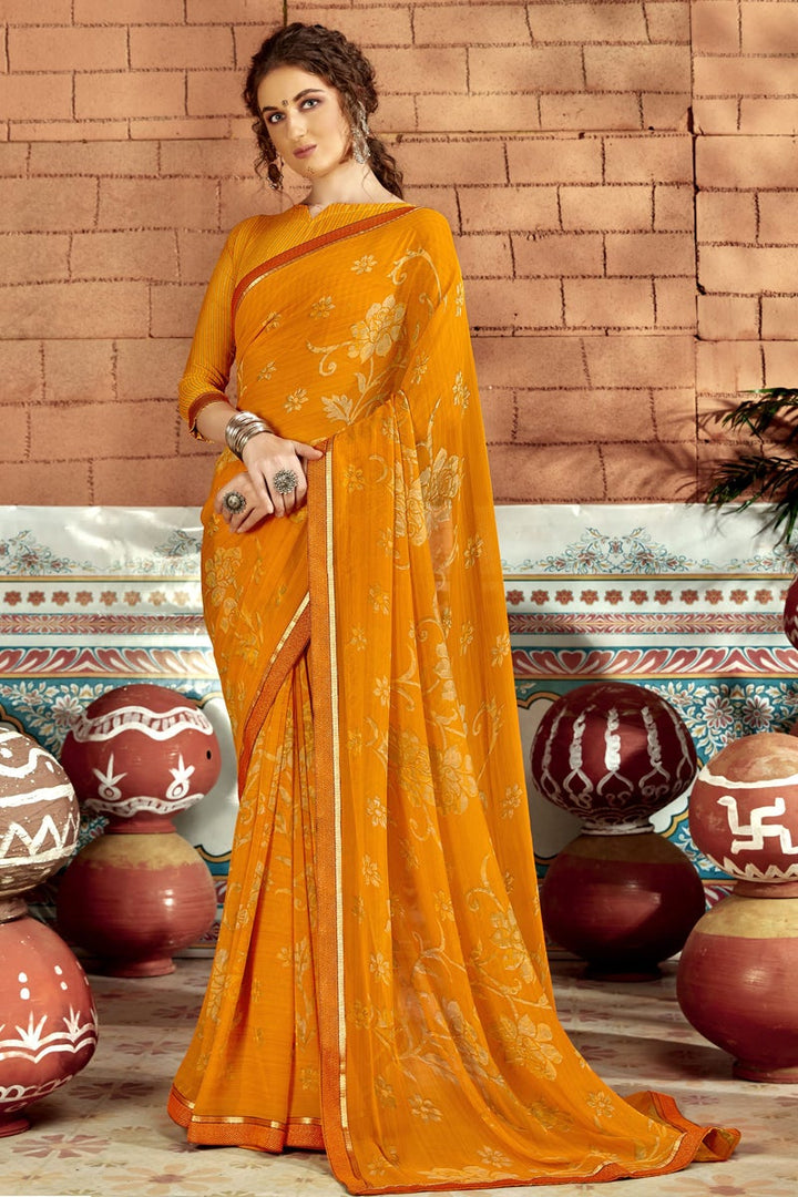 Georgette Fabric Regular Wear Mustard Color Abstract Printed Saree