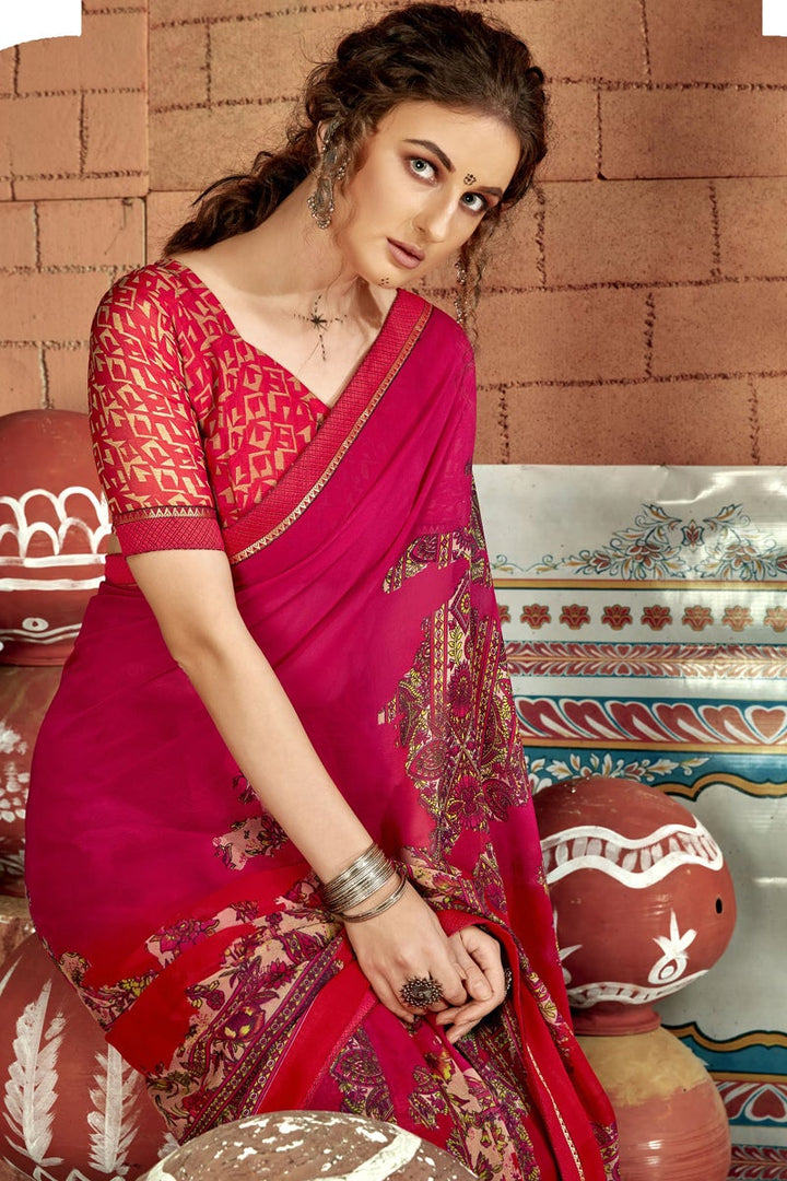 Daily Wear Georgette Fabric Abstract Printed Saree In Rani Color