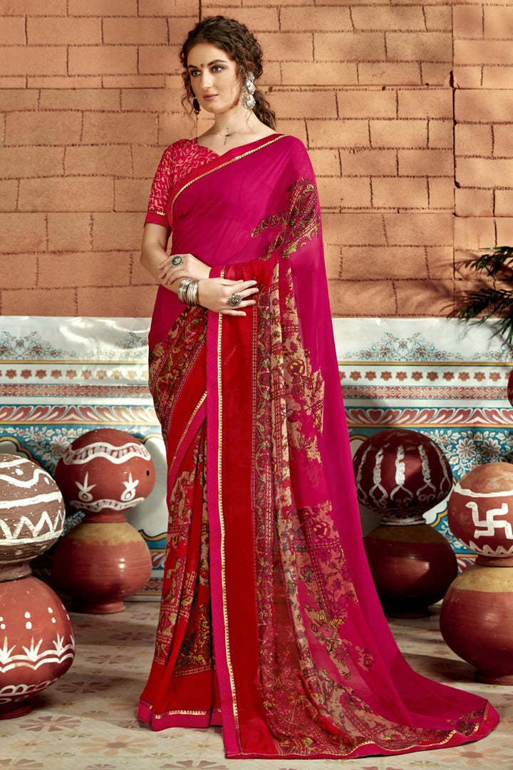 Daily Wear Georgette Fabric Abstract Printed Saree In Rani Color