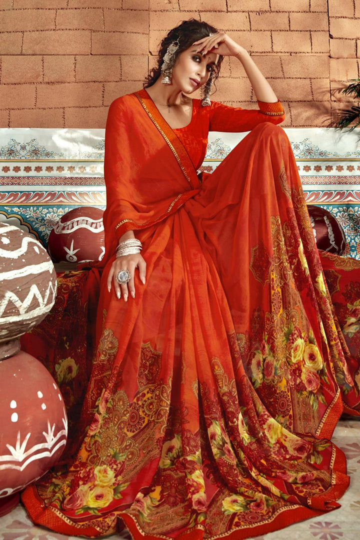 Georgette Fabric Casual Orange Color Abstract Printed Saree