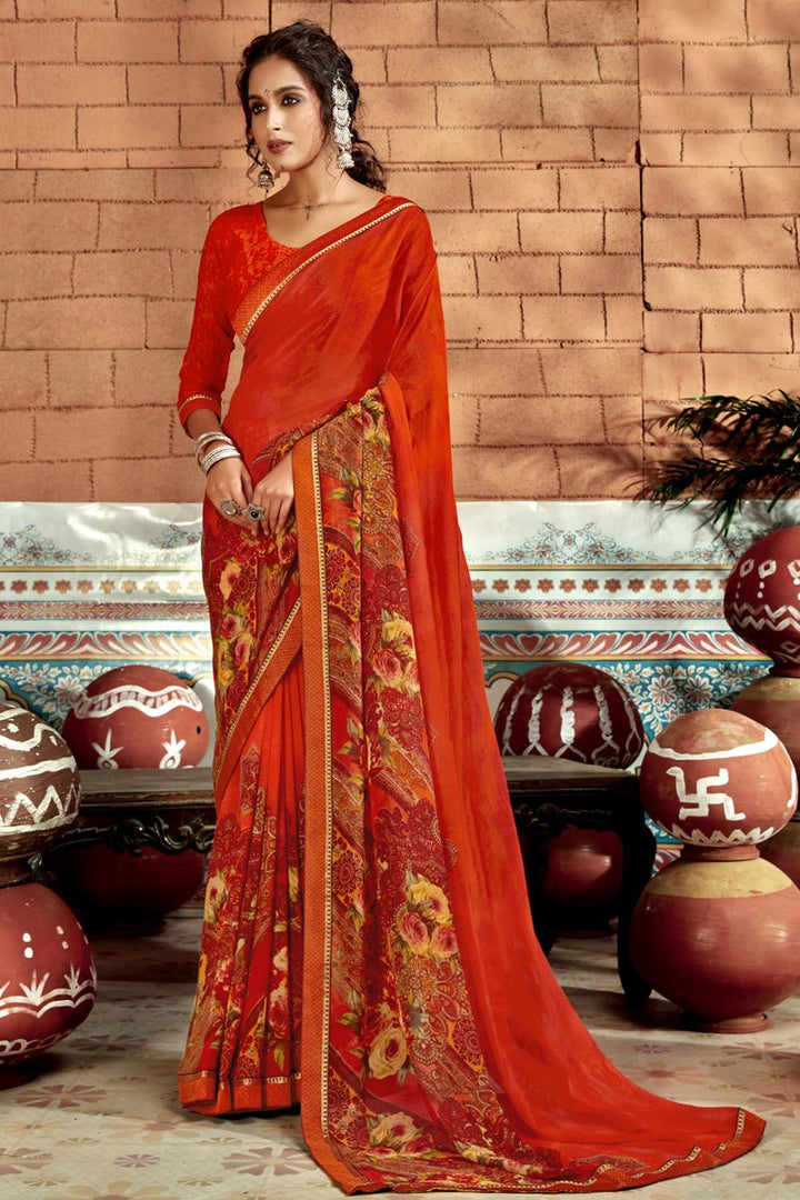 Georgette Fabric Casual Orange Color Abstract Printed Saree