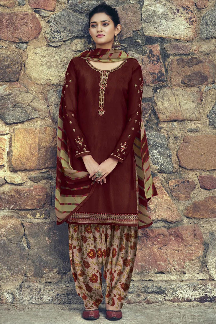 Daily Wear Brown Color Printed Crepe Fabric Patiala Suit