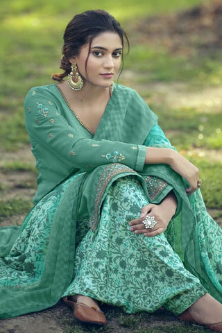 Sea Green Color Printed Regular Wear Crepe Fabric Patiala Suit