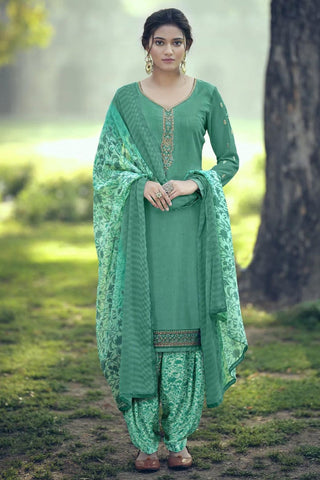 Sea Green Color Printed Regular Wear Crepe Fabric Patiala Suit