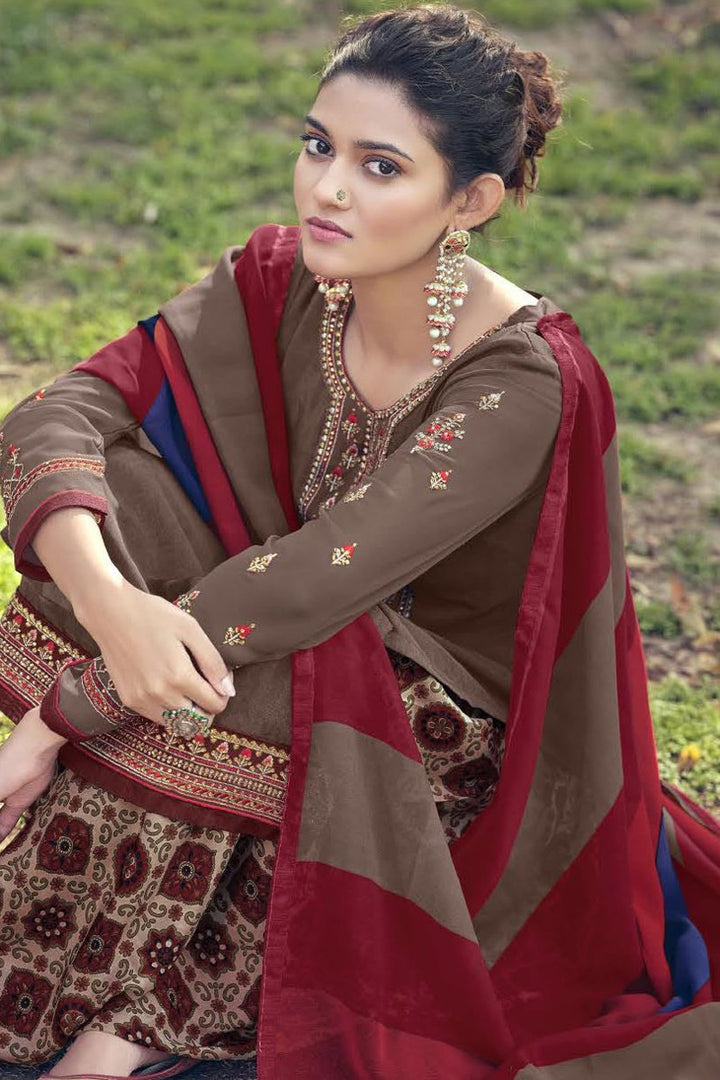 Crepe Fabric Casual Printed Brown Color Patiala Suit