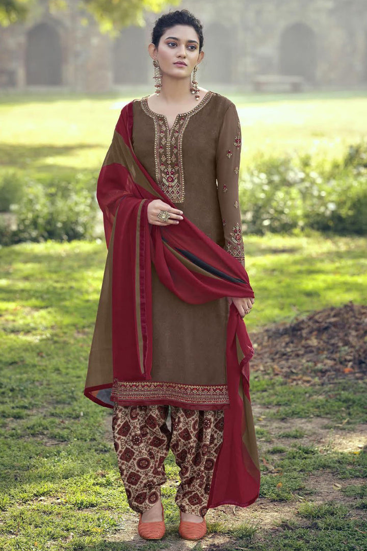 Crepe Fabric Casual Printed Brown Color Patiala Suit