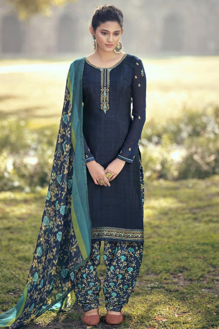 Crepe Fabric Daily Wear Navy Blue Color Printed Patiala Suit