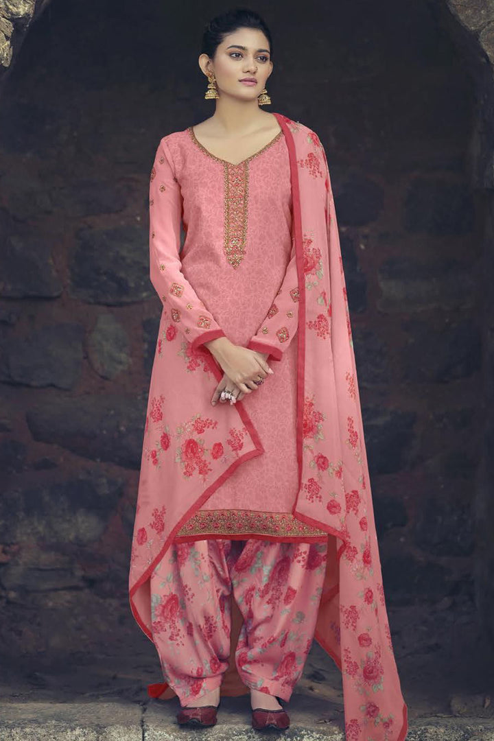 Pink Color Crepe Fabric Printed Casual Simple Patiala Suit
