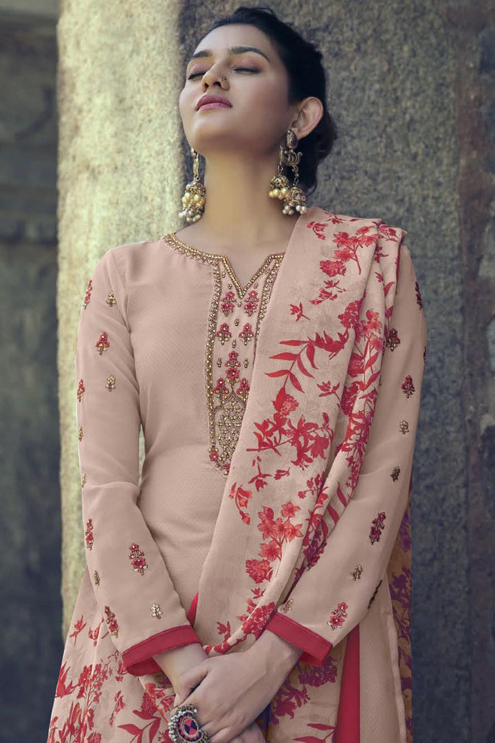 Crepe Fabric Daily Wear Printed Peach Color Patiala Suit
