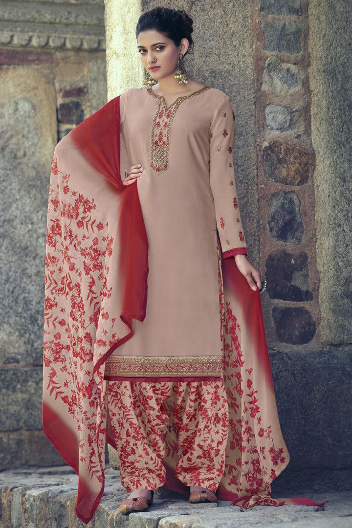 Crepe Fabric Daily Wear Printed Peach Color Patiala Suit