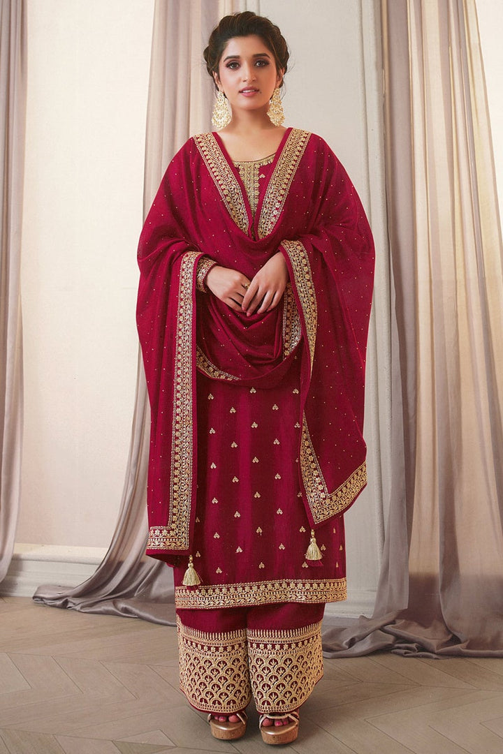 Nidhi Shah Sangeet Wear Georgette Silk Fabric Red Color Embroidered Palazzo Suit