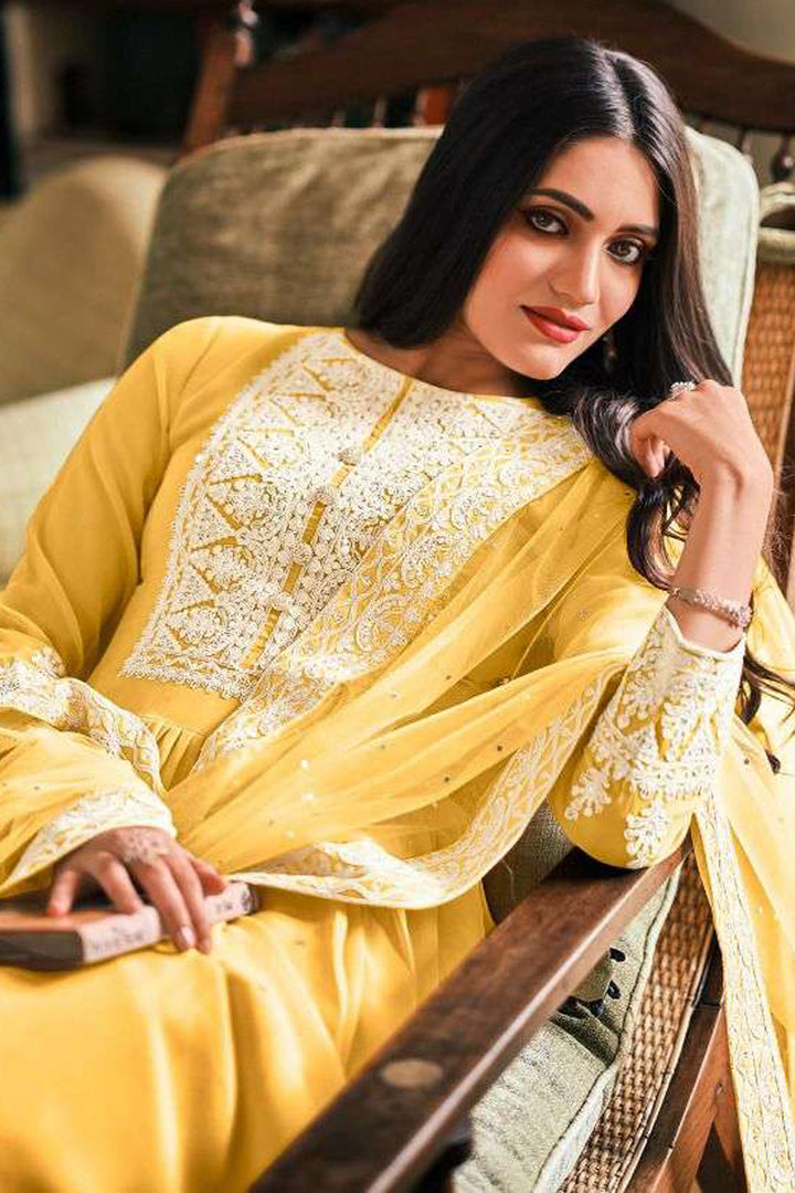 Sangeet Wear Yellow Color Thread Embroidered Palazzo Suit