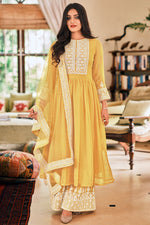 Load image into Gallery viewer, Sangeet Wear Yellow Color Thread Embroidered Palazzo Suit
