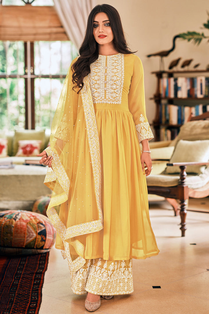 Sangeet Wear Yellow Color Thread Embroidered Palazzo Suit