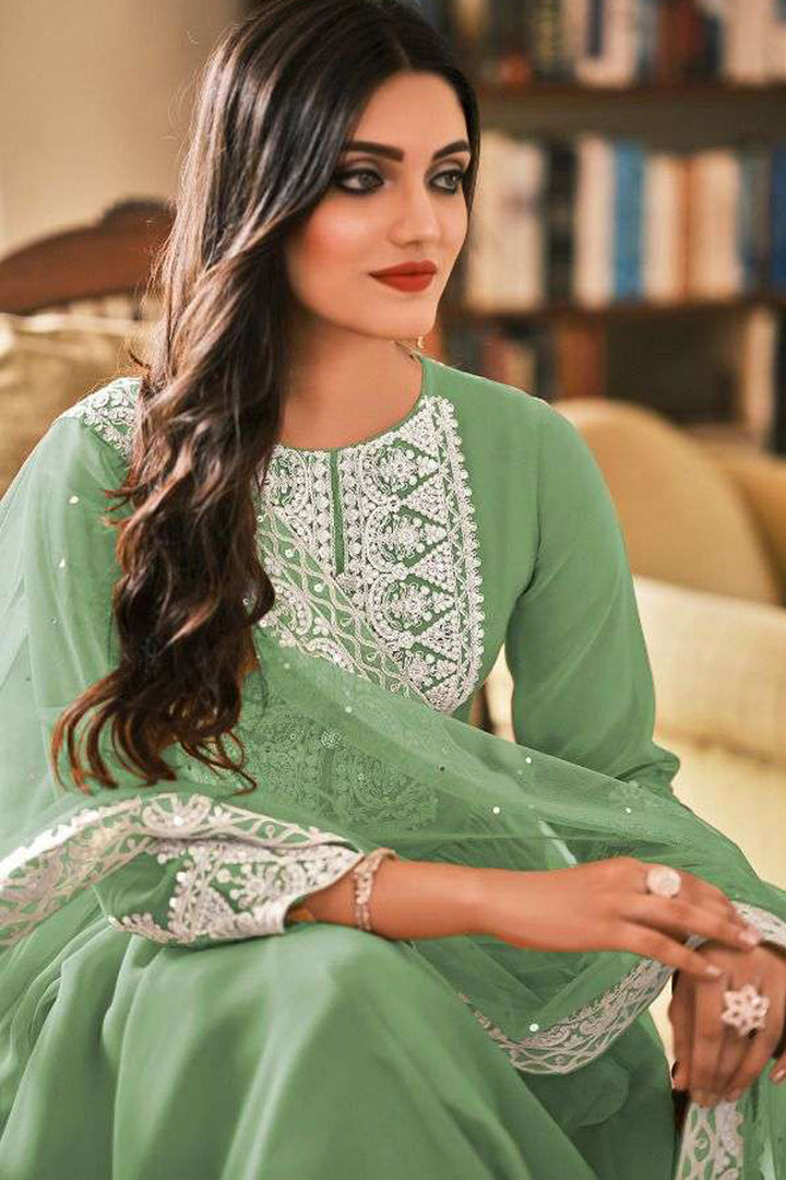 Sea Green Color Sangeet Wear Thread Embroidered Palazzo Dress