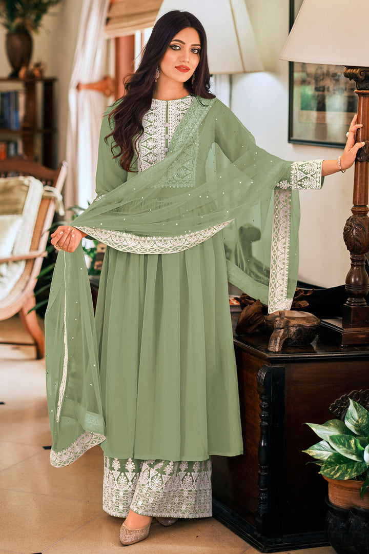 Sea Green Color Sangeet Wear Thread Embroidered Palazzo Dress