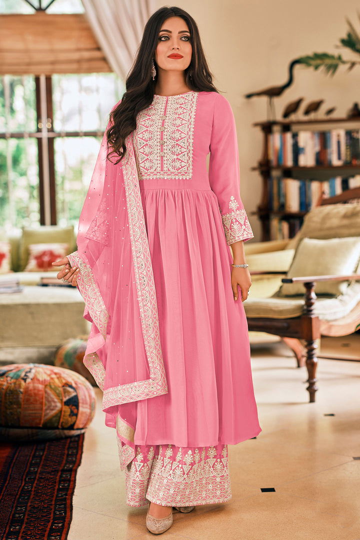 Sangeet Wear Thread Embroidered Palazzo Suit In Pink Color
