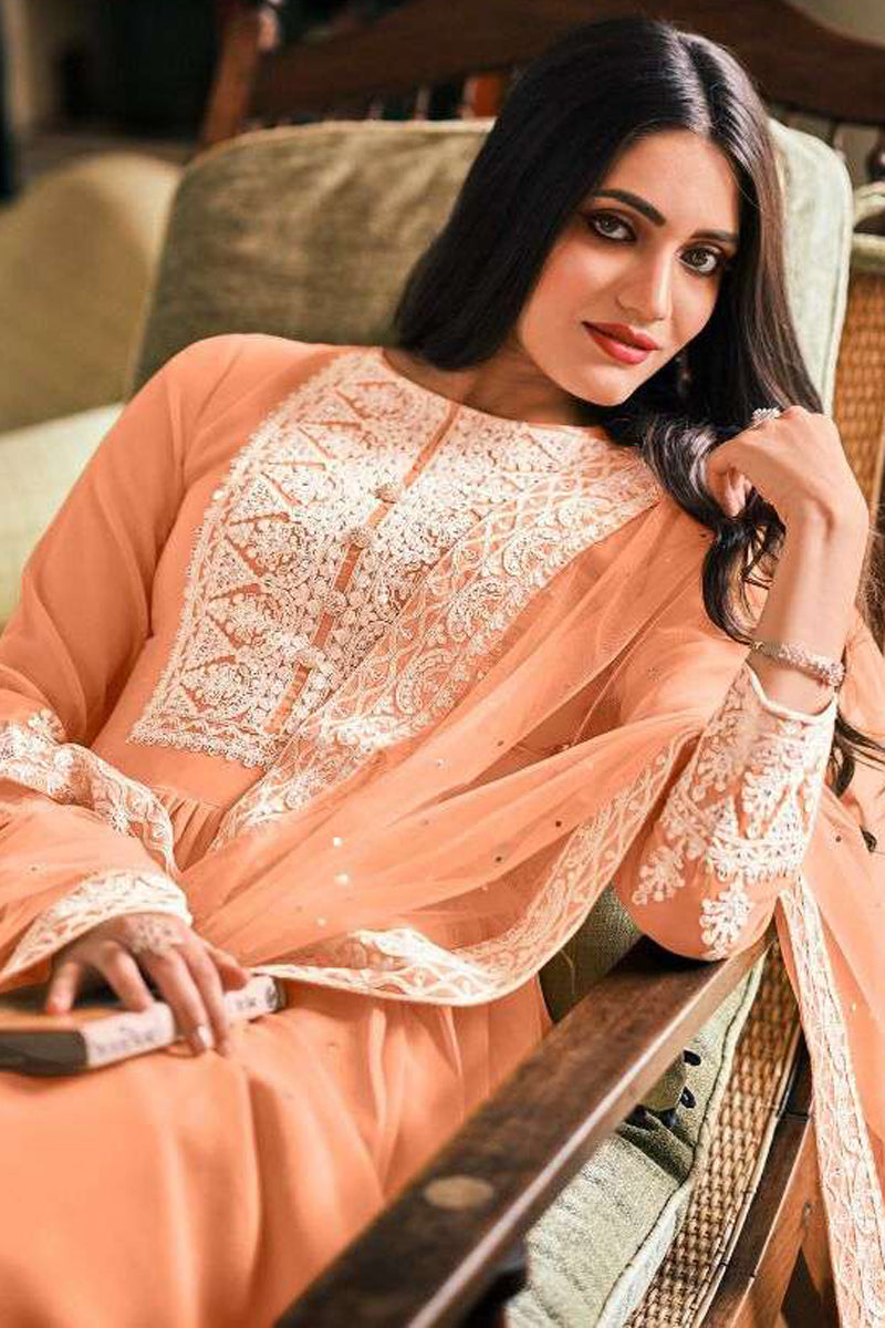 Sangeet Wear Thread Embroidered Peach Color Palazzo Dress