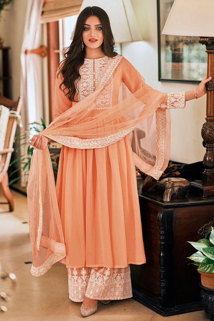 Sangeet Wear Thread Embroidered Peach Color Palazzo Dress