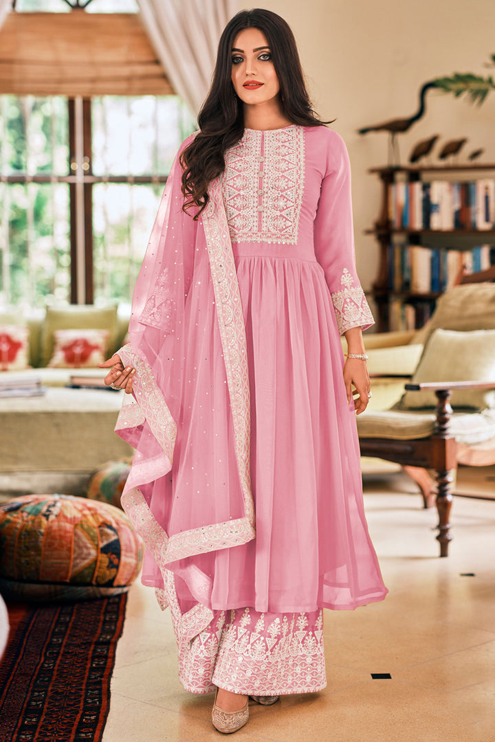 Pink Color Sangeet Wear Thread Embroidered Palazzo Suit