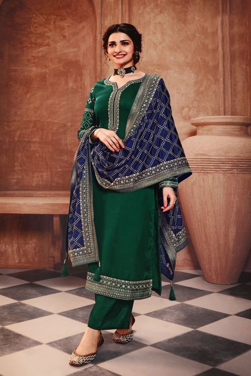 Prachi Desai Georgette Fabric Party Wear Dark Green Color Designer Suit
