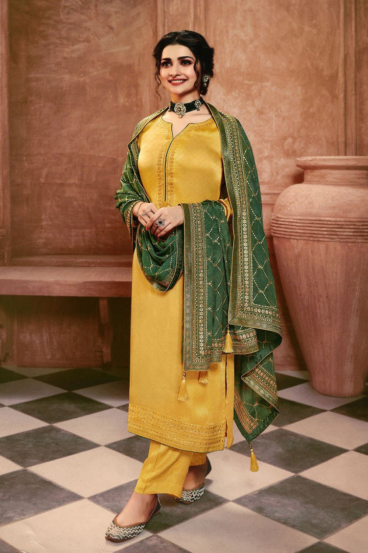 Prachi Desai Georgette Fabric Wedding Wear Embroidered Salwar Suit In Yellow Color