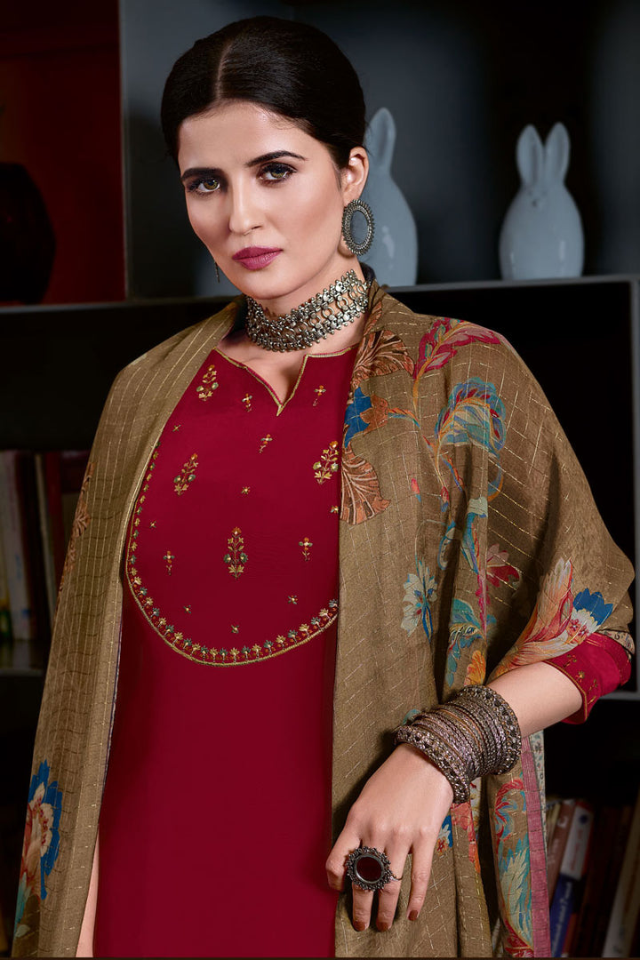 Maroon Color Crape Fabric Festive Wear Palazzo Suit With Digital Printed Dupatta
