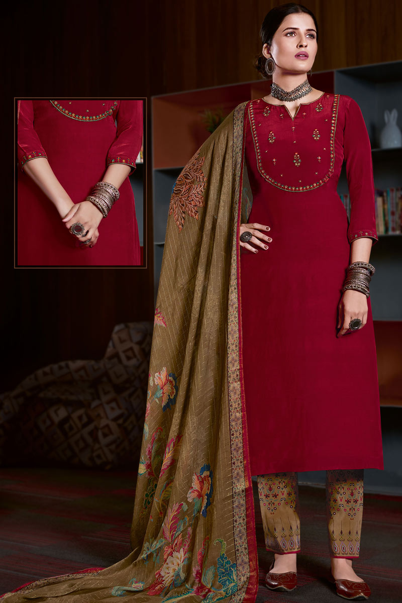 Maroon Color Crape Fabric Festive Wear Palazzo Suit With Digital Printed Dupatta