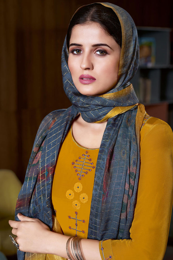 Alluring Mustard Color Crape Fabric Festive Wear Palazzo Suit With Digital Printed Dupatta