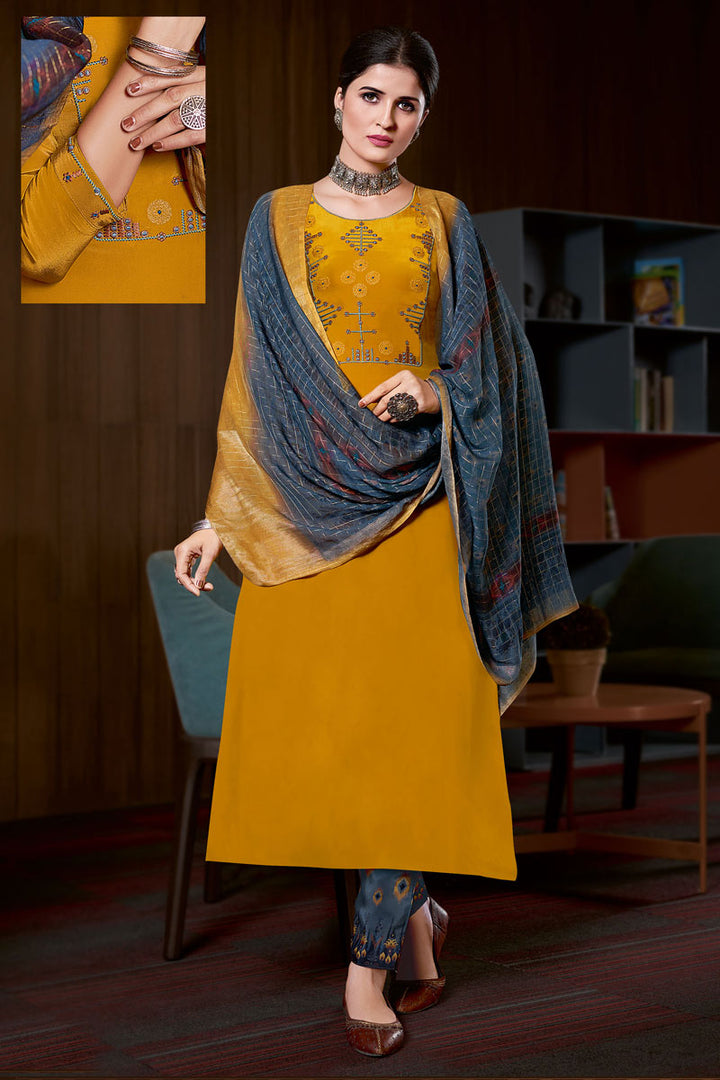 Alluring Mustard Color Crape Fabric Festive Wear Palazzo Suit With Digital Printed Dupatta
