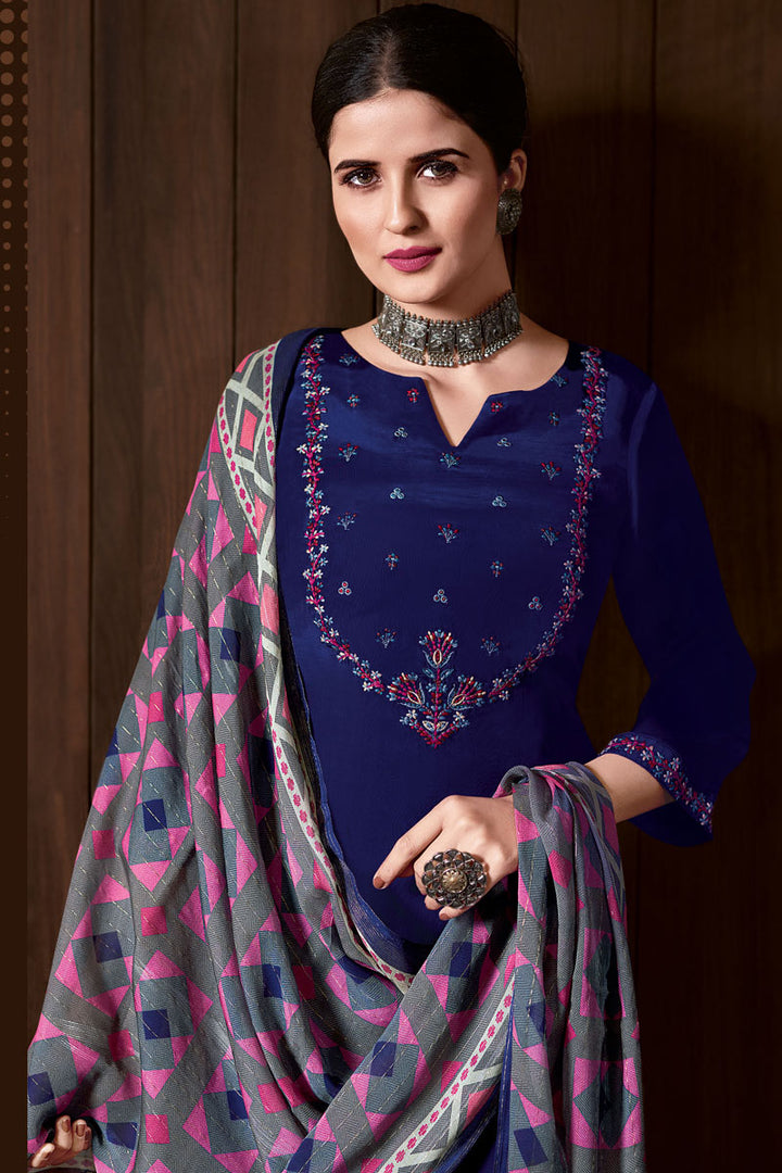 Crape Fabric Blue Color Festive Wear Palazzo Suit With Color Contrast Dupatta