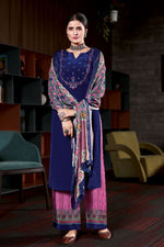 Load image into Gallery viewer, Crape Fabric Blue Color Festive Wear Palazzo Suit With Color Contrast Dupatta
