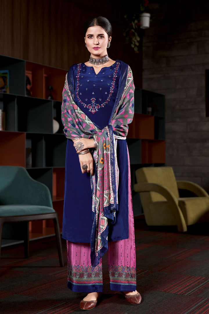 Crape Fabric Blue Color Festive Wear Palazzo Suit With Color Contrast Dupatta