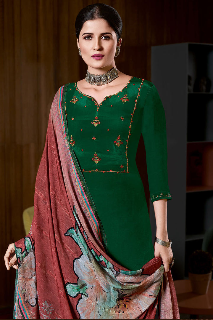 Elegant Crape Fabric Green Color Palazzo Suit With Embroidered Work
