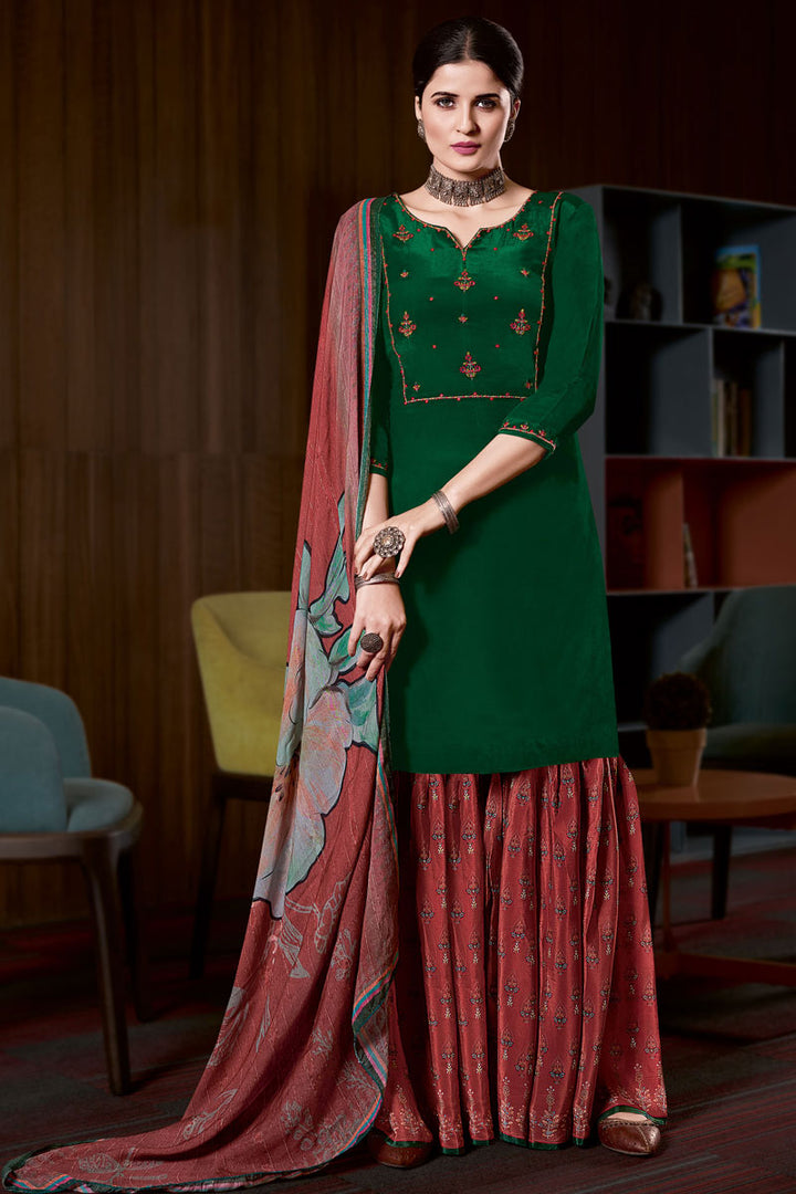 Elegant Crape Fabric Green Color Palazzo Suit With Embroidered Work
