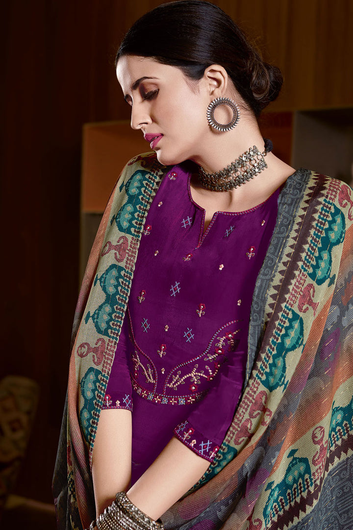 Crape Fabric Purple Color Festive Wear Palazzo Suit With Embroidered Work