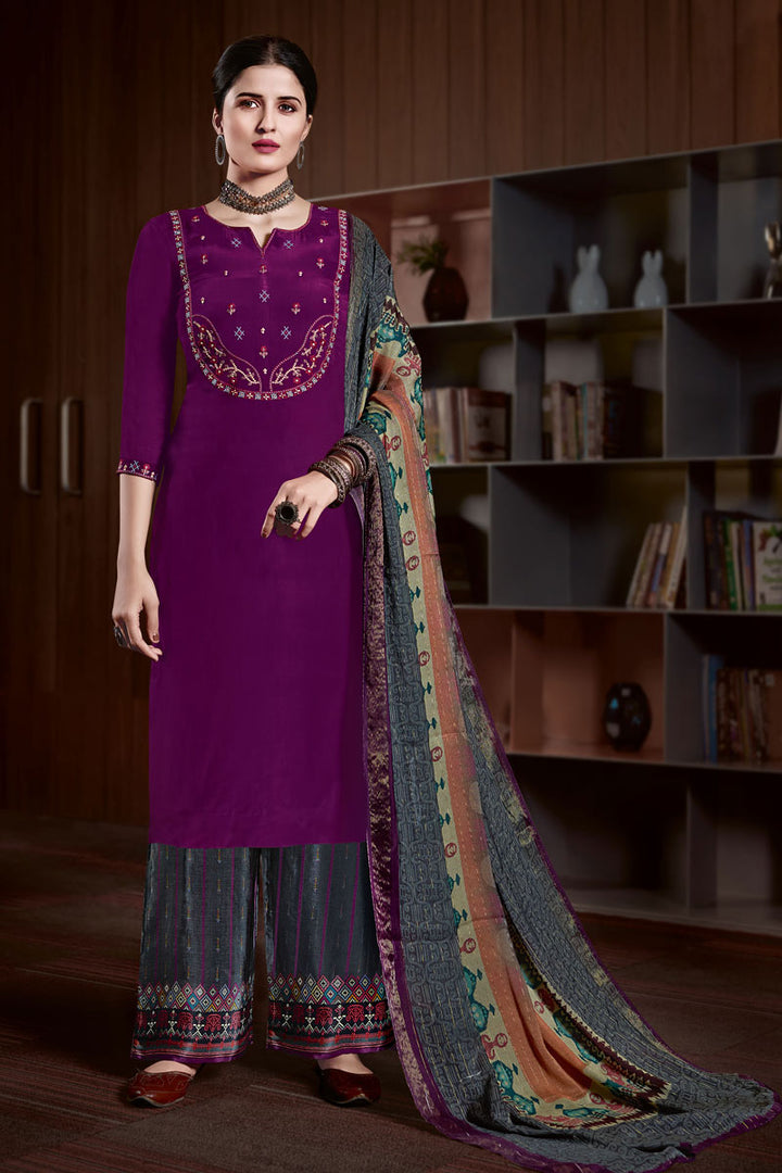 Crape Fabric Purple Color Festive Wear Palazzo Suit With Embroidered Work