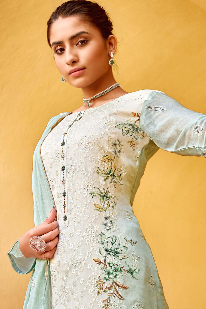 Incredible Digital Printed Work On Viscose Fabric Sea Green Color Festival Wear Salwar Kameez