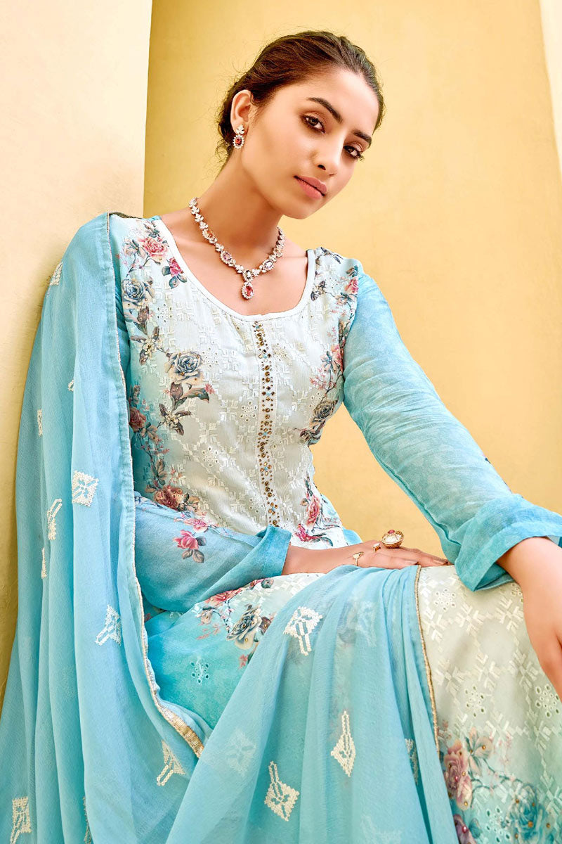 Viscose Fabric Cyan Color Festival Wear Salwar Kameez With Winsome Digital Printed Work
