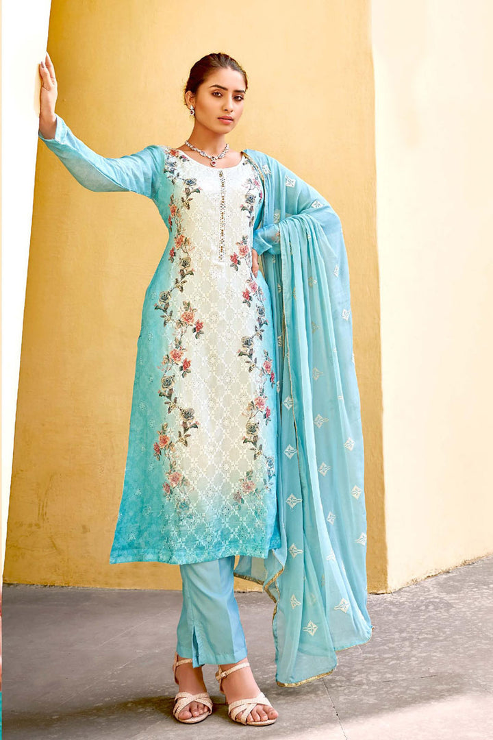 Viscose Fabric Cyan Color Festival Wear Salwar Kameez With Winsome Digital Printed Work