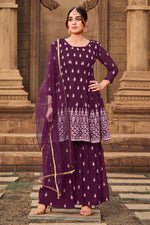 Load image into Gallery viewer, Georgette Fabric Function Wear Wine Color Embroidered Work Palazzo Suit
