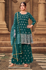 Load image into Gallery viewer, Teal Color Function Wear Georgette Fabric Embroidered Work Palazzo Suit
