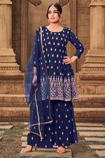 Load image into Gallery viewer, Function Wear Georgette Fabric Embroidered Work Navy Blue Color Palazzo Suit
