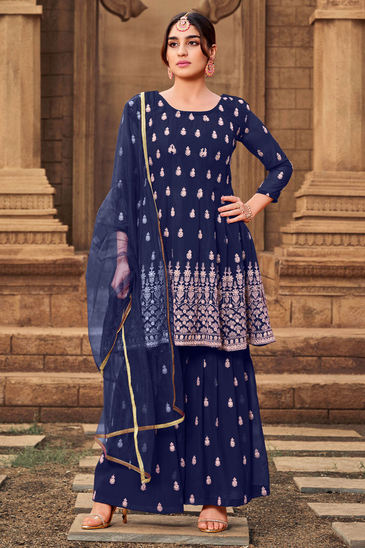 Function Wear Georgette Fabric Embroidered Work Navy Blue Color Palazzo Suit